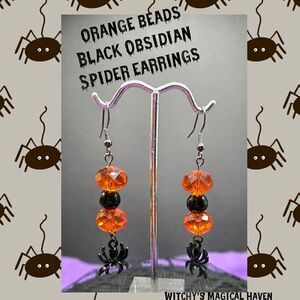 Orange Glass Beads Black Obsidian Crystal Beads Spider Charm Halloween Earrings